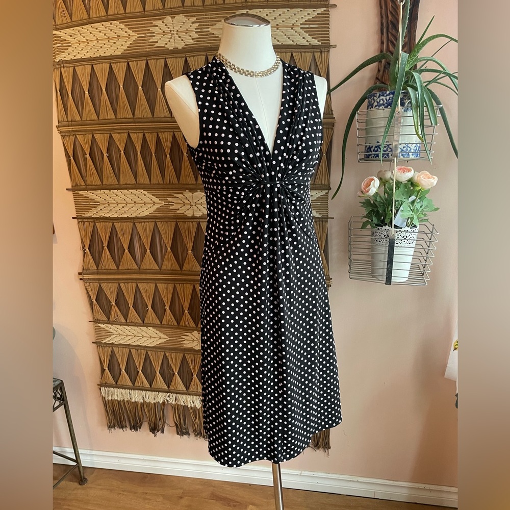 Vintage 90s Black & White Sleeveless Polka Dot Jersey Tank Day Dress Size Small - Picture 2 of 11